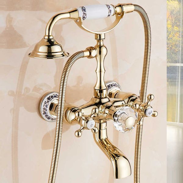 Banyo duş setleri Avrupa tarzı pirinç kaplama altın duş musluk küvet duş takım elbise soğuk sıcak karışık su duş musluk gül altın telefon musluk g230525