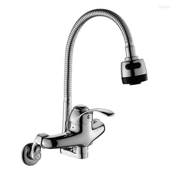 Rubinetti della cucina Rubinetto Girevole a 360 gradi Rubinetto per lavabo Spruzzatore a parete a doppio foro Maniglia singola Tubo flessibile Miscelatore per acqua fredda