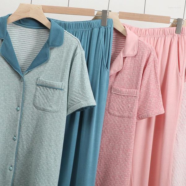 Abbigliamento da donna Blu lago Blu Abbigliamento per donne di mezza età e anziane Spring Mother Cotton Cardigan Summer Short Short-Short Sleeved Piajama