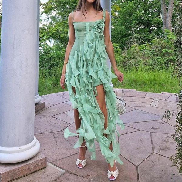 Повседневные платья Y2K Fairy Vintage Mesh Ruffle Tassel платье свадебное вечеринка на ночь 3d цветочный сцепление спагетти ремешок нерегулярные бодиконки