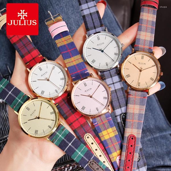Relógios de pulso Julius Unisisex Women's Weln Fashion Moda Britânica estilo xadrez Horas de vestuário Bracelete de couro grande relógio menino menina presente de aniversário