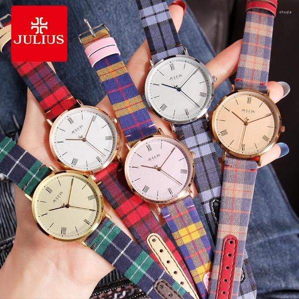 Orologi da polso Julius Orologio da donna unisex Fine Fashion British Plaid Style Ore Bracciale in pelle Orologio grande Ragazzo Ragazza Regalo di compleanno