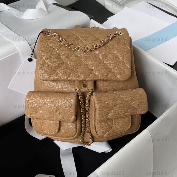 10A Designer-Rucksack in Spiegelqualität, klein, 21 cm, Handtasche aus genarbtem Kalbsleder, Damen-Handtasche aus echtem Leder, gesteppte Klappe, doppelter goldener Kettenriemen, schwarze Schultertasche mit Box