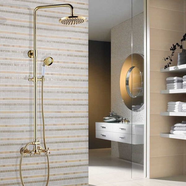 Banyo duş setleri lüks cilalı altın renkli pirinç duvara monte banyo 8 inç yuvarlak yağış duş musluk set banyo mikseri musluk el duş mgf334 g230525