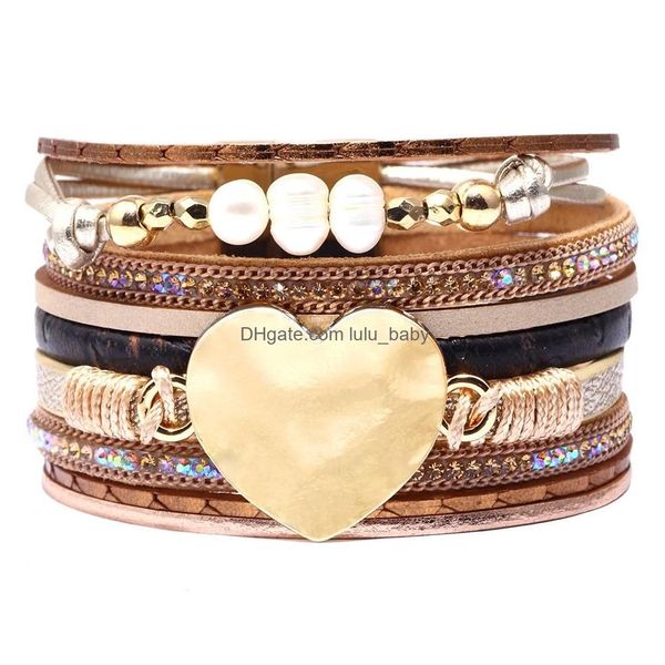 Braccialetti con ciondoli Perline Cuore Bracciale avvolgente in cristallo Mtilayer Veet Leather Diamond Wristband Bangle Band Cuff per gioielli da donna Drop Sh Dhcjx