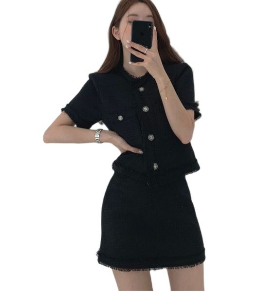 Mulheres coreanas-pescoço O-pescoço curto Tweed Top e A-line Desinger Skirt Twinset 2 PC Dress Tone