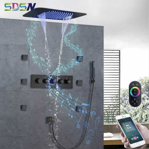 Set doccia da bagno LED Music Set doccia da incasso Ottone nero Soffitto da incasso Sistema doccia da bagno Soffione a pioggia Soffione a cascata Rubinetto a cascata G230525