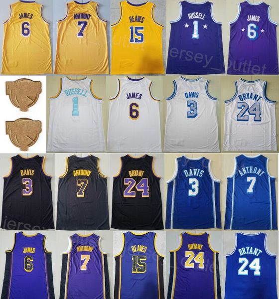 Final de basquete Austin Reaves Jerseys 15 Dangelo Russell 1 Bryant LeBron James 6 Davis 3 Carmelo 7 Men Camisa Stitch Team Sport Purple Blue Black Brandable Breathable