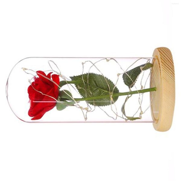 Dekoratif Çiçekler Büyülü Kırmızı İpek Gül Işığı Ebedi Çiçek Cam Labhade, Evlilik Yıldönümü İçin Led Romantik Hediye