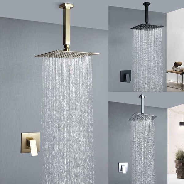 Set doccia da bagno Spazzolato oro opaco nero lucido Rubinetto doccia da bagno Soffione doccia quadrato Soffione doccia superiore Set miscelatore doccia a cascata per montaggio a soffitto G230525