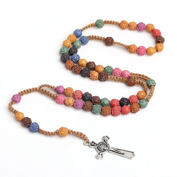 Christian Rose Beads Collana con rosario per donna Croce Crocifisso Ciondolo a catena lunga Moda femminile Religione Regalo di gioielli