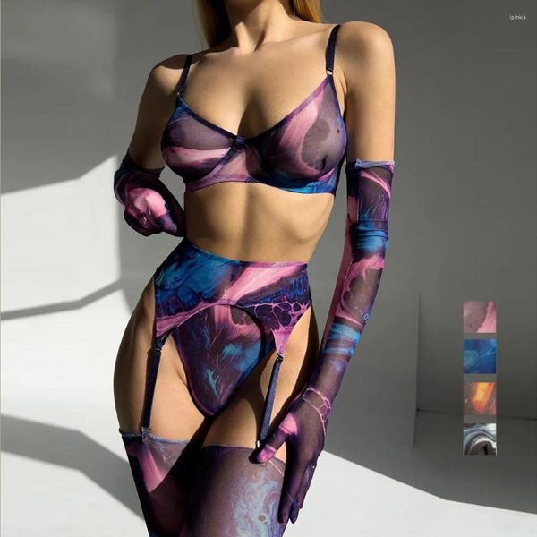 BHs Sets Tie-Dye Erotische Dessous 5-teiliges Set Damen Sexy Spitzenunterwäsche mit Strümpfen Handschuhe Frauen Nachtwäsche Transparente BH Outfits