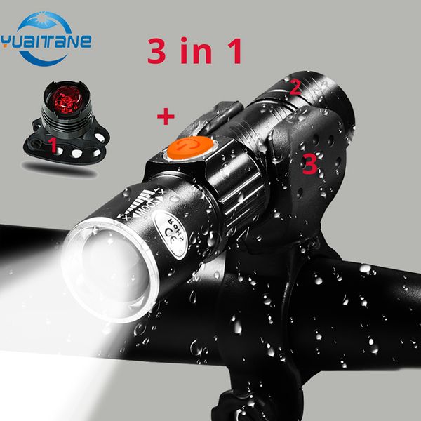 Luzes de bicicleta 3 in1 8000 lúmen Luz de bicicleta Conjunto USB LED recarregável à prova d'água super brilhante Zoom Luz traseira MTB 230525