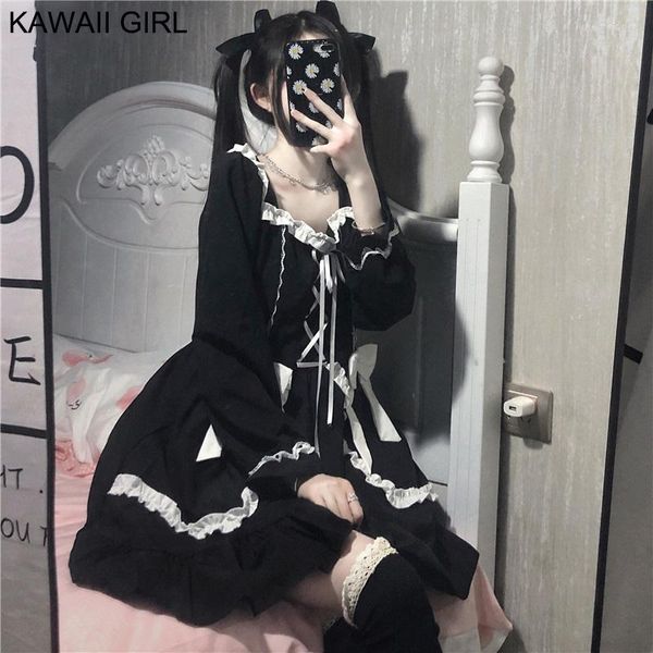 Abiti casual Primavera 2023 Kawaii Lolita Dress Women Sweet Cute Ruffle Black Slim Lace Bow OP Soft Girl Cosplay Maid Mini