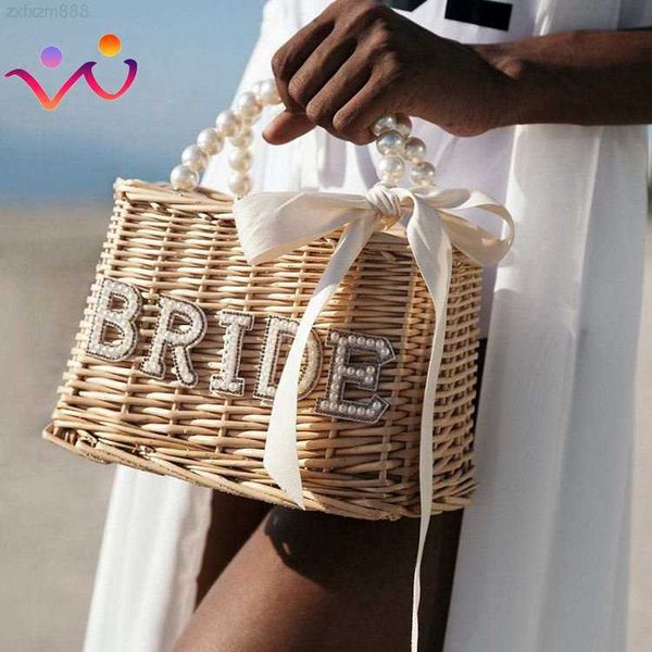 Saco de festa para dama de honra, bolsa de praia personalizada de vime, bolsa de palha, cesta de chá de noiva, miçangas de viagem