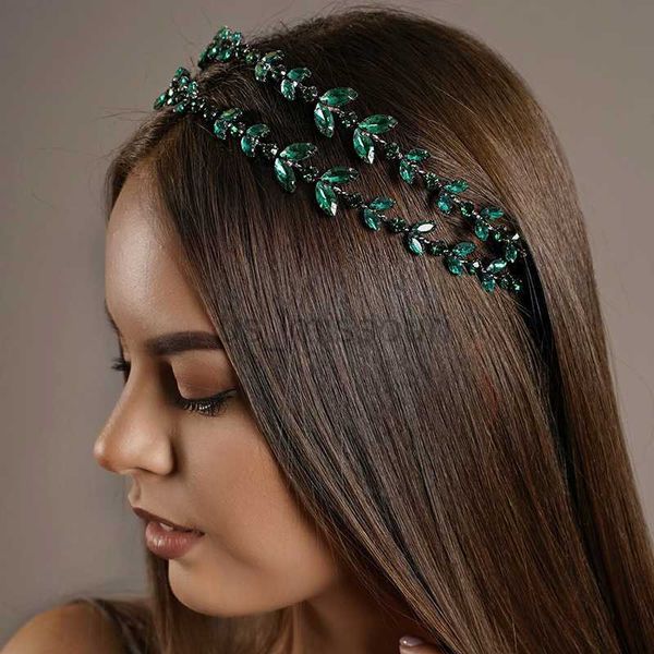 Weitere Modeaccessoires, grünes Kristall-Doppelschicht-Stirnband, Blätter-Haarschmuck für Frauen, luxuriöse Tiara, Braut-Strass-Stirnband, Hochzeitsjuwel J230525