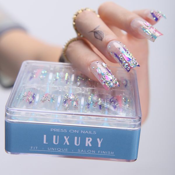 False Nails Caixa de acrílico Caixa privada personalizável Pressione Luxuosa diamante Clear Rainbow Salon Rectangle Glitter Fake Gift Box 230524