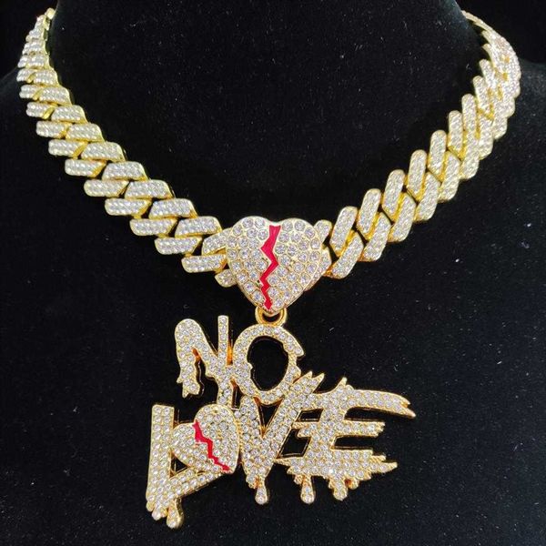 Uomo Donna Hip Hop No Love Heart Collana con ciondolo con catena cubana da 15 mm HipHop Iced Out Bling Hiphop Collane Gioielli di moda