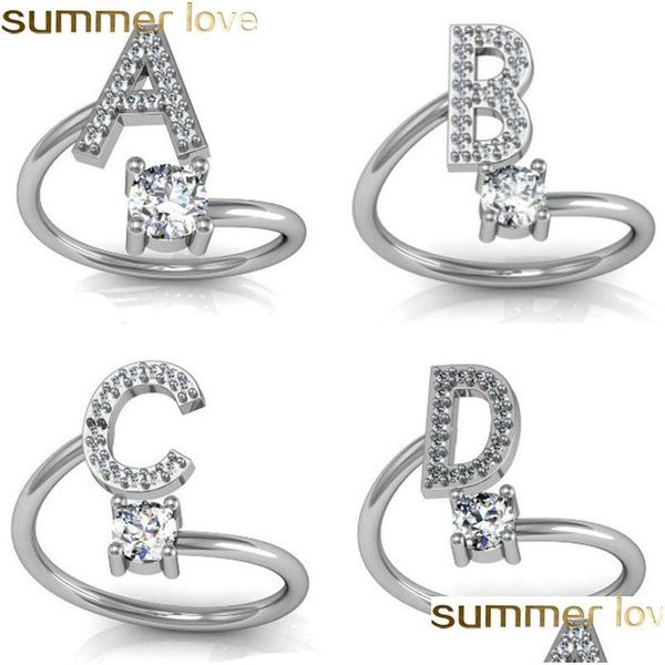 Ringe Mode 26 Buchstaben Sier Ring für Frauen Strass Offener Finger Engagement Schmuck Party Valentinstag Geschenk Tropfen liefern Dhooj