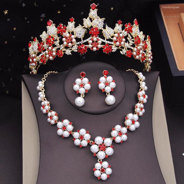 Collana Orecchini Set Perle di strass Corona di fiori Nuziale per le donne Prom Bride Set Tiara Accessori per bigiotteria