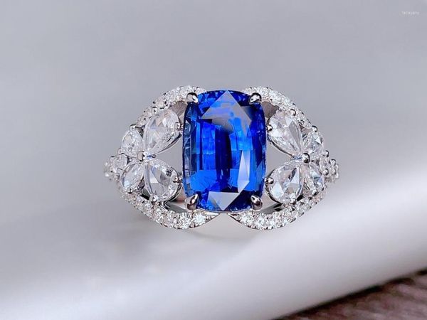 Кластерные кольца HJY Blue Sapphire Ring 4.03ct Real 18k Gold Natural Непореальное Королевское драгоценный камень Бриллианты Стоун Женщина