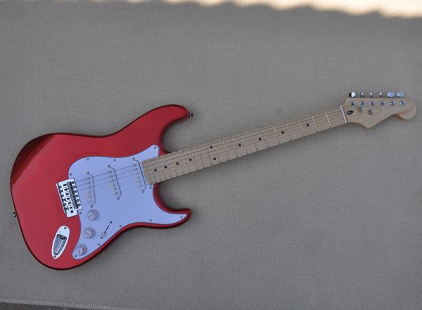 Chitarra elettrica con corpo rosso metallizzato di fabbrica con hardware cromato, battipenna bianco, personalizzazione logo / colore offerta