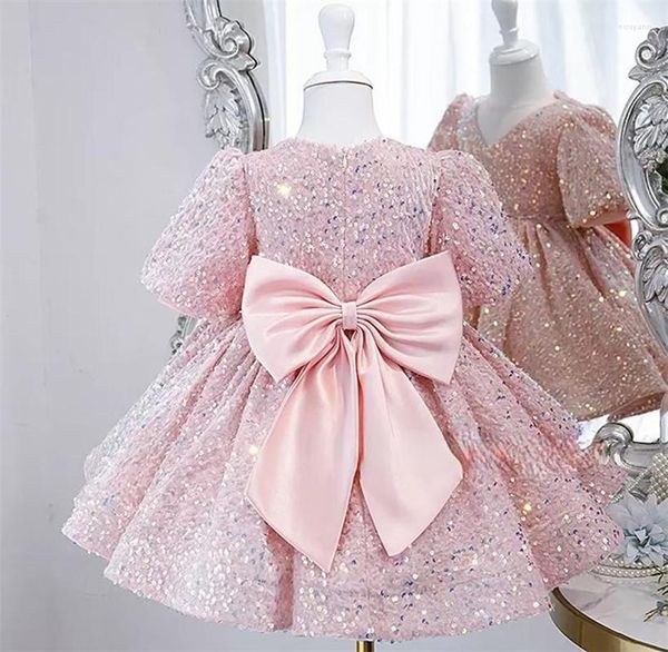 Mädchen Kleider Glitzer Rosa Blume Pailletten Baby Kleid V-ausschnitt Puffy Für Mädchen Kinder Geburtstag Party Kleid Große Schleife