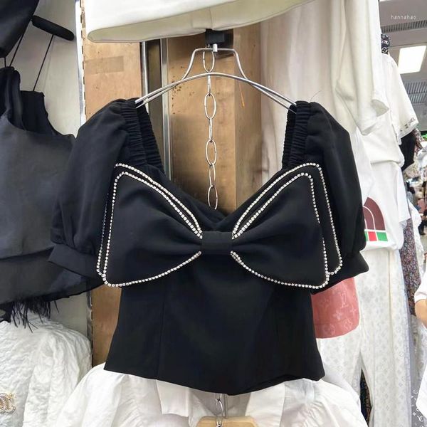 Blouses feminina Bloups Rhinestone Bow Square Charge Black Shirt For Women 2023 Verão Cantura alta Blusas Lady White Crop Top