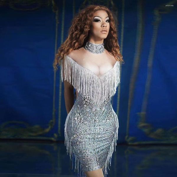 Abbigliamento da palcoscenico Nappa con strass argento Abito da festa di compleanno Donna Banchetto sexy Prom Frange di cristallo Bodycon da ballo latino