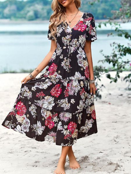 Casual Kleider Frauen Kleid 2023 Sommer Mode V-ausschnitt Druck Blume Robe Taille Rückzug