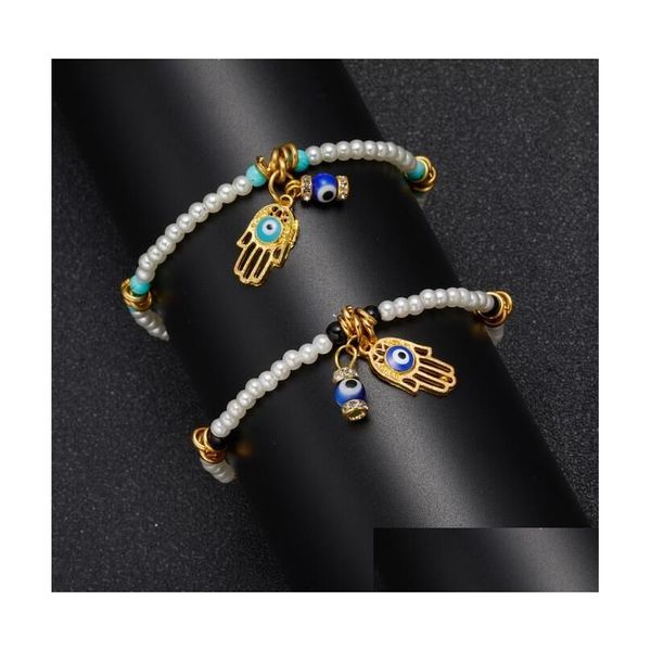 Bracelets de charme Lucky Hamsa Hand Pingente Bracelet Pérola Pérola Malfisos Turcos Eye For Mulheres Homens Casal Jóias de Amizade Handmada que Dhulf