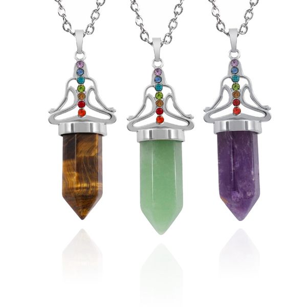 Coluna hexagonal de cristal natural 7 pingente de chakra 7 cores Diamante Inclado de ioga reiki cura de pedra cura de pedra de pedra charme de charme de jóias