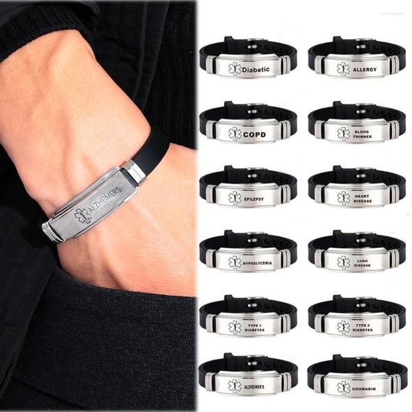 Bracelets de charme ID de alerta masculino Bangles de aço inoxidável Silicone tipo 1/2 Diabetes Epilepsia Alzheimer Jóias de emergência