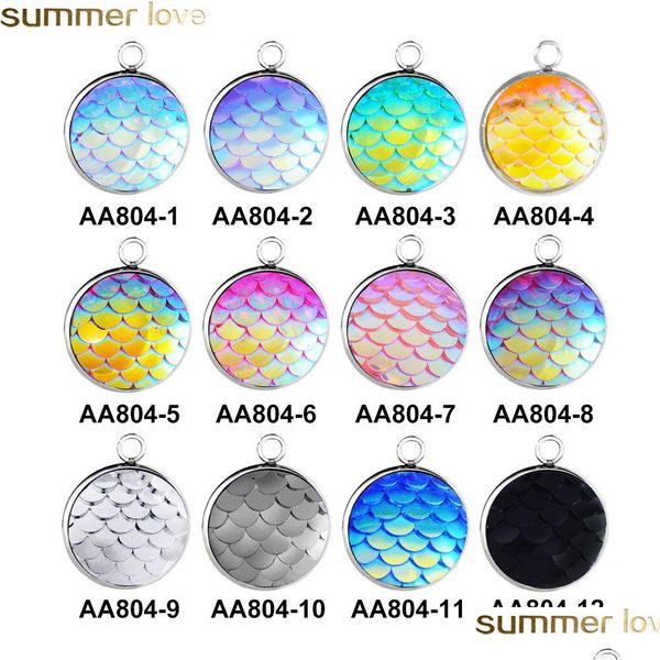 Charms 16mm Charme redondo para colar e pulseiras Jóias Fazendo jóias de aço inoxidável Escalas de peixe Salva Sereia Droga Drop Drop Fi DH8H1