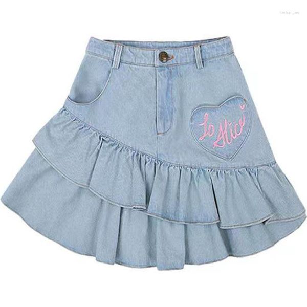 Saias azuis kawaii dupla camada mini saia jeans feminina punk harajuku emo jeans indie estética coreana moda verão y2k roupas