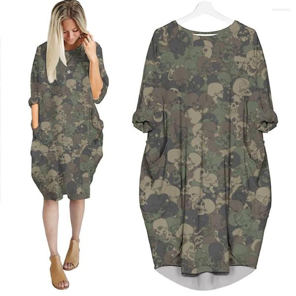 Casual Kleider Jumeast Frauen 3D Batwing Tasche Kleid Übergroßen Weiblichen Streetwear Schädel Camouflage Pullover Sommer Rock Nachthemd