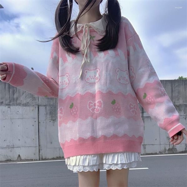 Damenpullover Winter Preppy Style Japanisches Mädchen JK Pullover Kawaii O-Ausschnitt Vintage Erdbeerschleifenmuster Volle Ärmel Lässiges Stricken