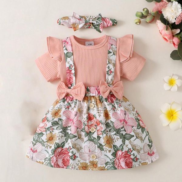 Kleidungssets Kleinkind Mädchen Kurzarm Blumendruck Tops Weste Kleid Stirnbänder 3PCS Freizeitanzug Outfits Mädchen 2t Teenager