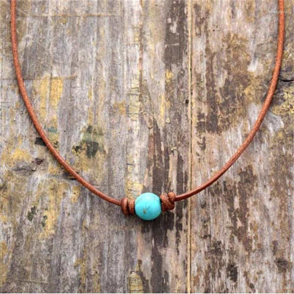 Halsketten mit Anhänger CHOKER NECKLACE Stein Kurzer Kragen | Türkise Kristallperlen Cowgirl Surfer Damen Boho Boho Braunes Leder