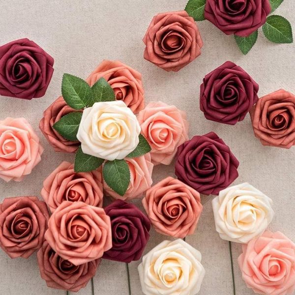 Fiori decorativi 1 Set Rosa simulata Non appassisce Senza irrigazione Regalo di San Valentino realistico 25 Rose finte color block con scatola