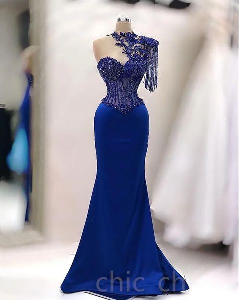 Royal Blue Mermaid Abiti da sera in pizzo con perline Nappa Macchia Arabo Aso Ebi Fishtail Prom Occasion Dress gece abiye elbiseler