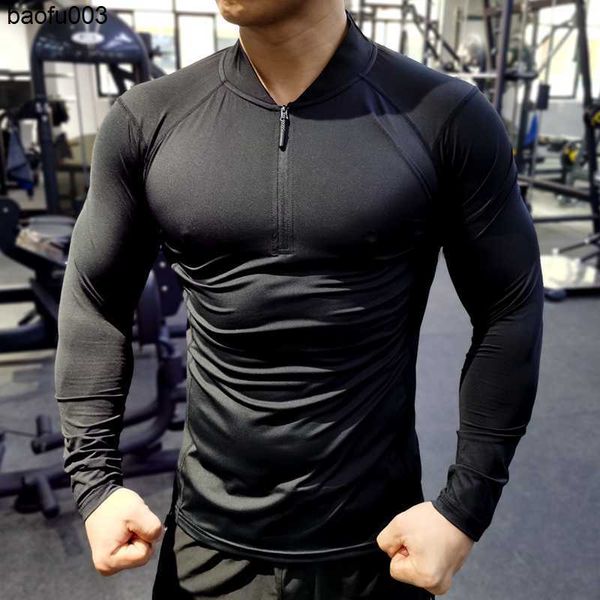 Camisetas masculinas camisa rápida de corrida seca masculino de camiseta de bodybuilding shirt de manga comprida ginástica academia de zíper tight colar de zíper de outono j230526