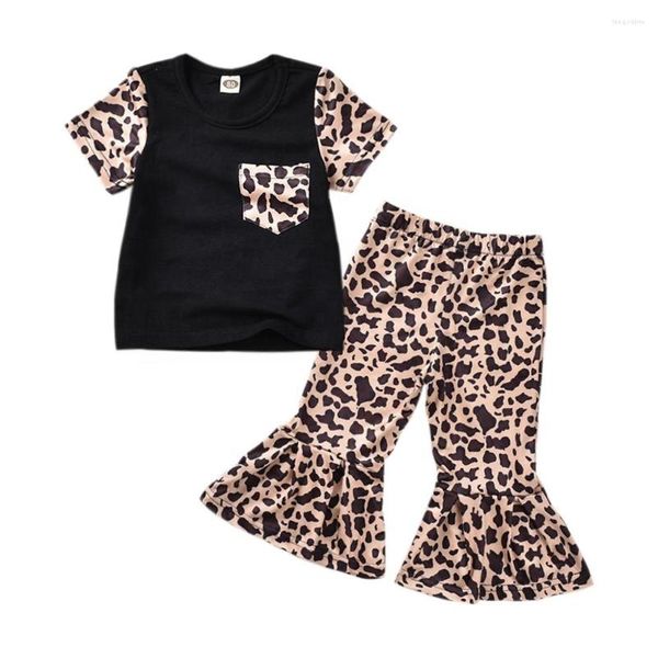 Coloque de roupas de moda de verão de verão Top de camiseta de leopardo com calças largas meninas terno de idade 0-16t