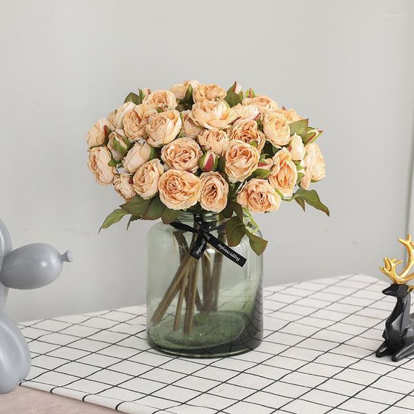 Fiori decorativi 12 mini rose Vasi per la decorazione della casa in stile cinese Simulazione moderna Rose rosse Diserbo di fiori finti per matrimoni