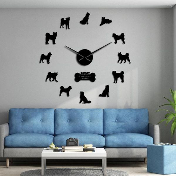 Orologi da parete Akita americano razza di cane autoadesivo 3D fai da te orologio proprietario regalo soggiorno design unico specchio adesivo orologio