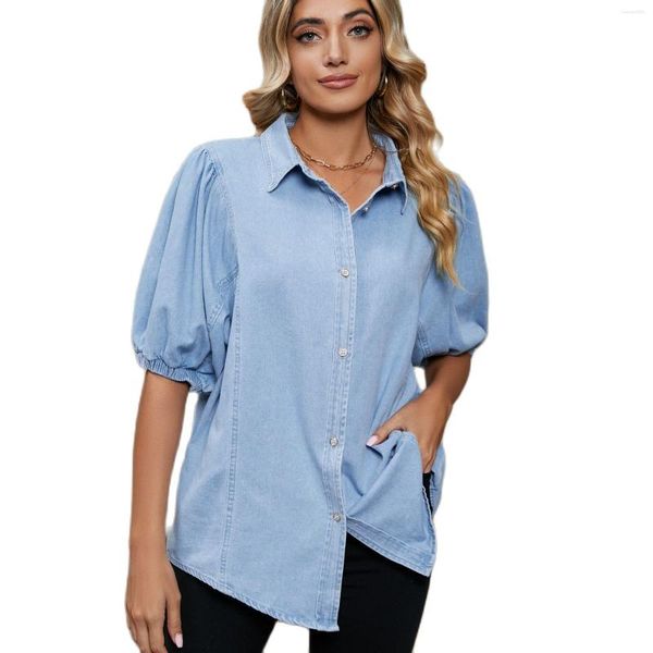 Damenblusen 2023 Sommer-Frauen-elastische kurze Prinzessin-Ärmel-Jeans-Hemd-Art- und Weiseloser mittellanger Jeans-Mantel-beiläufige weibliche Oberteile S-XL