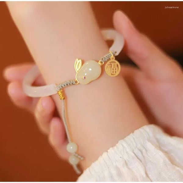 Braccialetti di collegamento Braccialetto di giada Corda intrecciata Perline vintage regolabili Ornamenti a mano in stile cinese Regali di gioielli