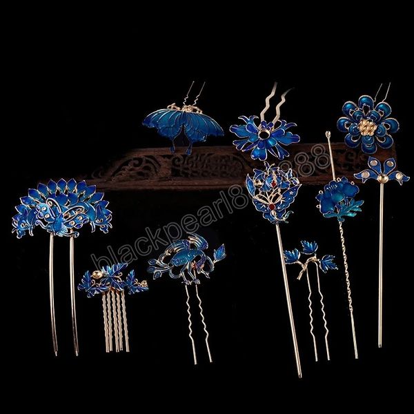 Antike Orchidee Blume Haar Stick Cloisonné Luxus Schmuck Blau Haar Pin Chinesische Vintage Handgemachte Haarnadel Styling Werkzeuge