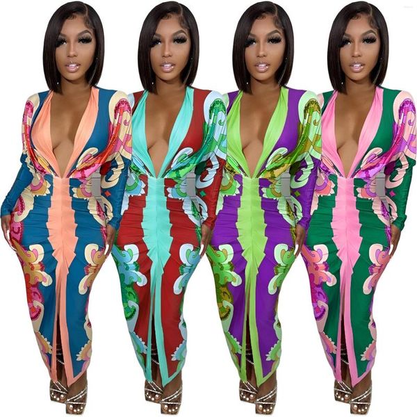 Abiti casual Tie Dye Africa Style Abito lungo Sexy scollo a V alla caviglia Vestido Midi Talla Grande Streetwear Vestidos De Mujer Maxi