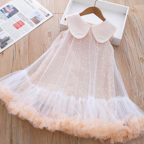 Abiti da ragazza abito da collo con fiocco per bambini 2023 Tutu estivo principessa coreana Tulle con paillettes abito da festa per abbigliamento per bambini